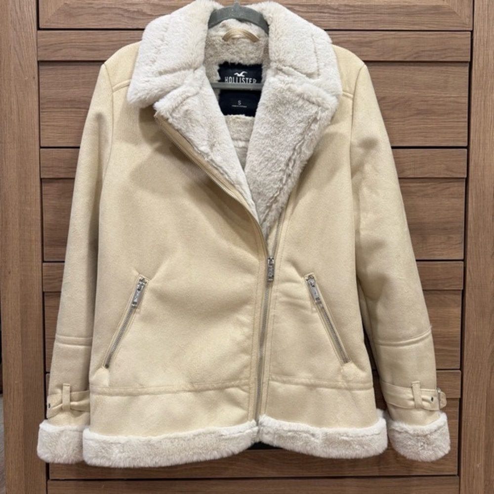 Hollister Faux Shearling Lined Moto Jacket Cream Beige Size Small